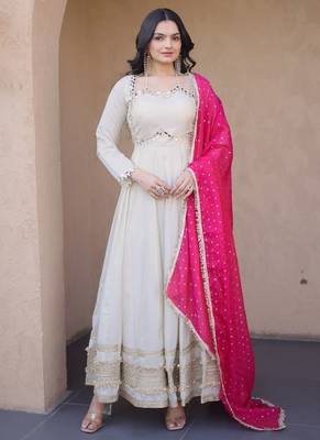 pink designer cosmos gown with real mirror work & dupatta 1