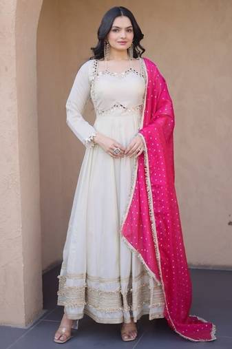 pink designer cosmos gown with real mirror work & dupatta