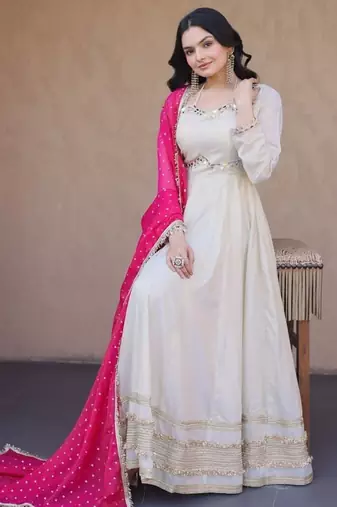 pink designer cosmos gown with real mirror work & dupatta