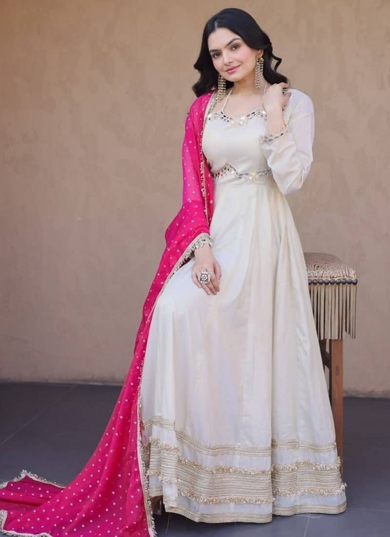 pink designer cosmos gown with real mirror work & dupatta