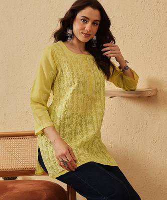 hand embroidered lime green cotton lucknowi chikankari short kurti 5