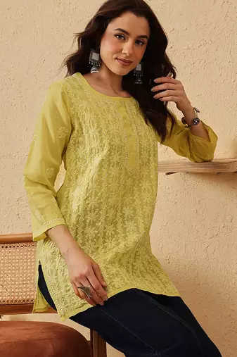 hand embroidered lime green cotton lucknowi chikankari short kurti