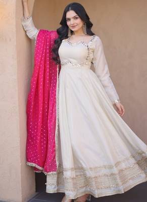pink designer cosmos gown with real mirror work & dupatta 3