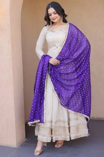 purple designer cosmos gown with real mirror work & dupatta