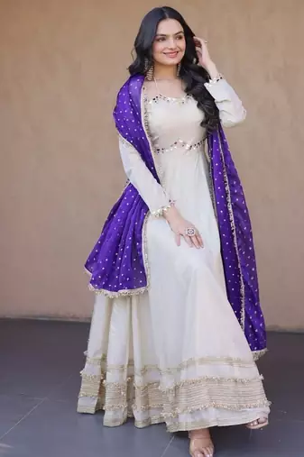 purple designer cosmos gown with real mirror work & dupatta