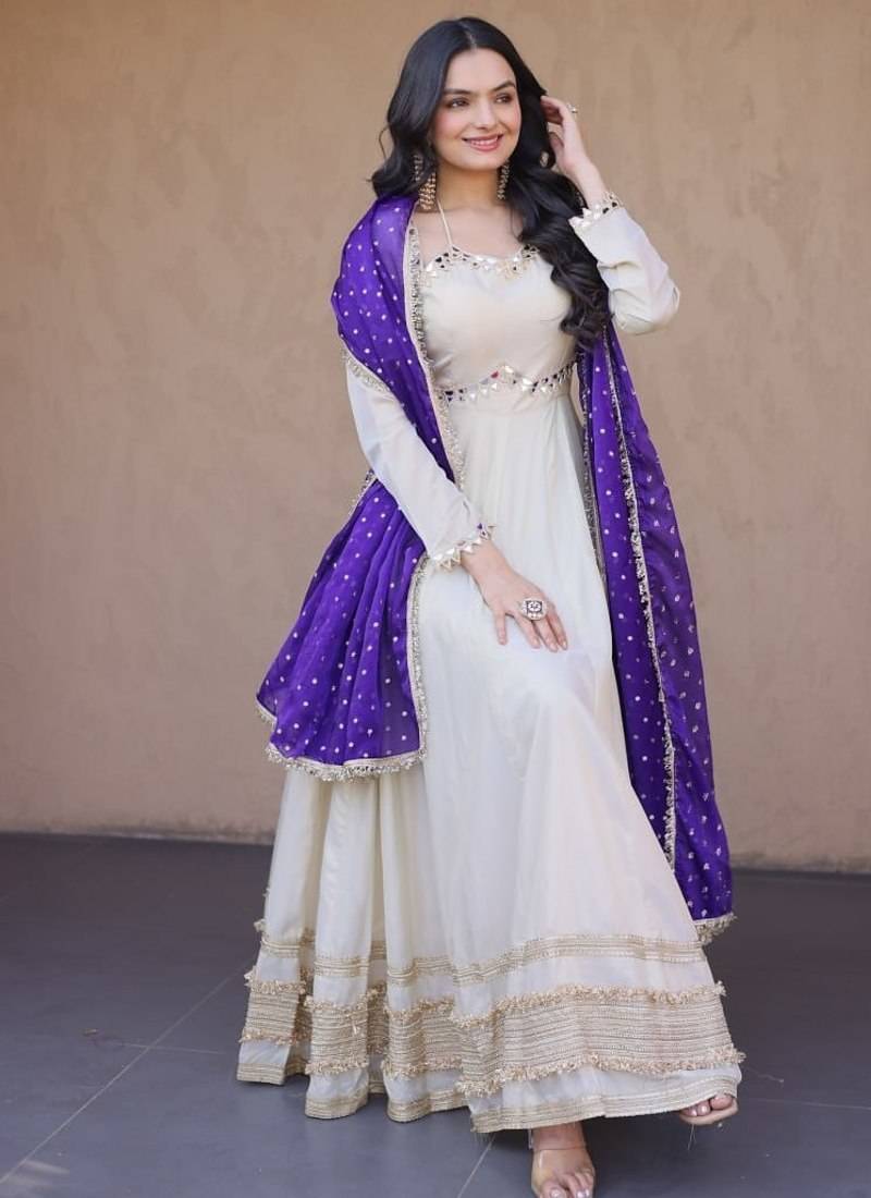 purple designer cosmos gown with real mirror work & dupatta