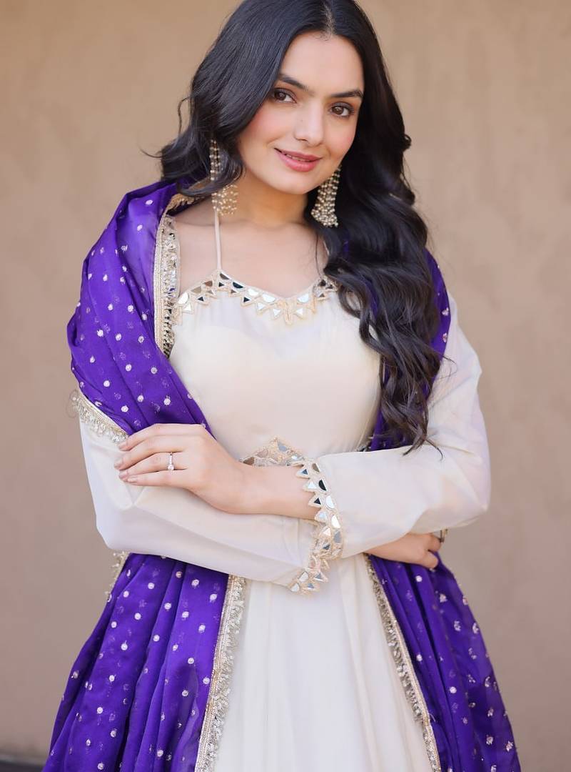 purple designer cosmos gown with real mirror work & dupatta
