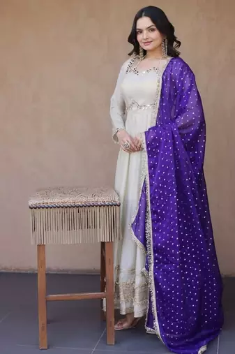 purple designer cosmos gown with real mirror work & dupatta