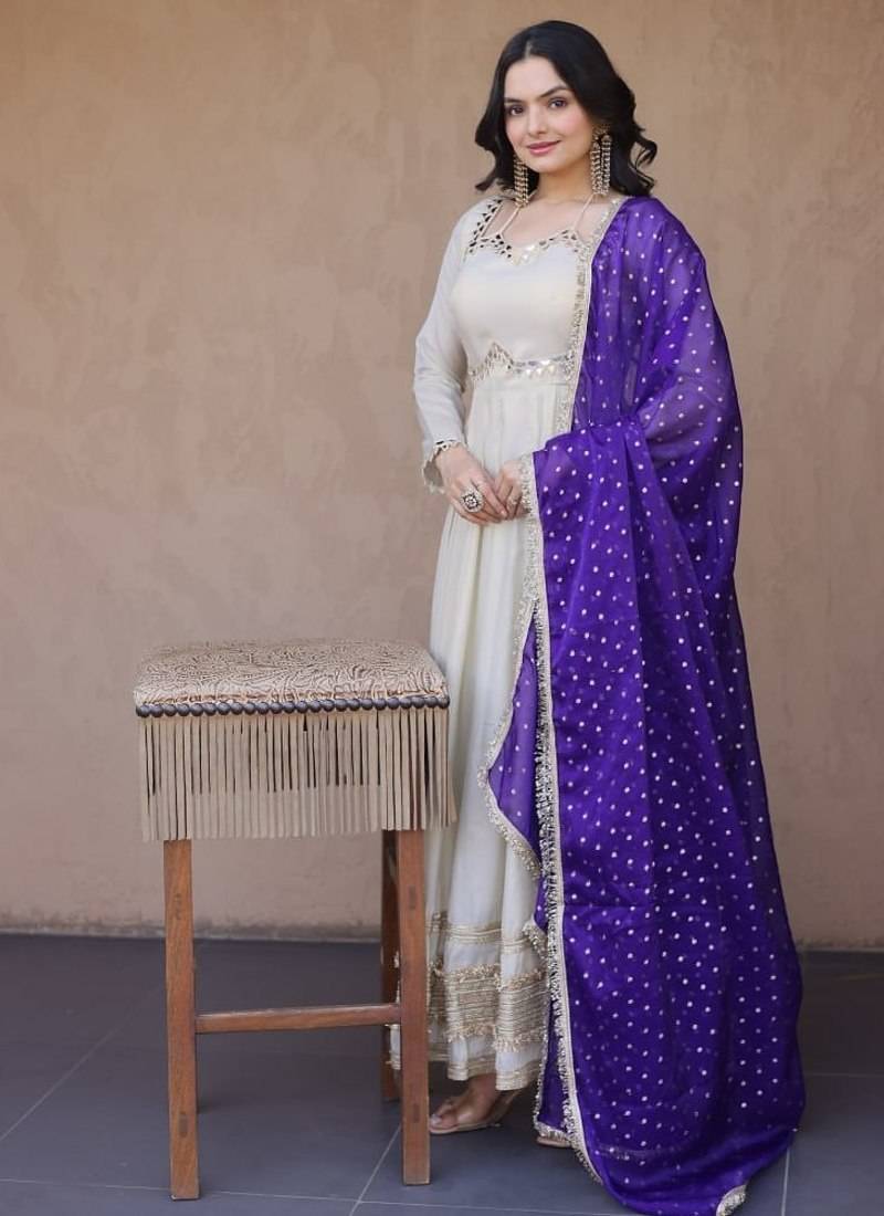 purple designer cosmos gown with real mirror work & dupatta