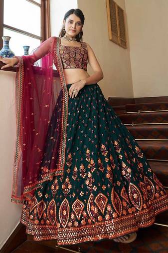 Green & Deep Pink Gotta Patti With Thread And Sequins Embroidered Georgette Stitched Lehenga Choli