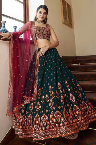 Green & Deep Pink Gotta Patti With Thread And Sequins Embroidered Georgette Stitched Lehenga Choli