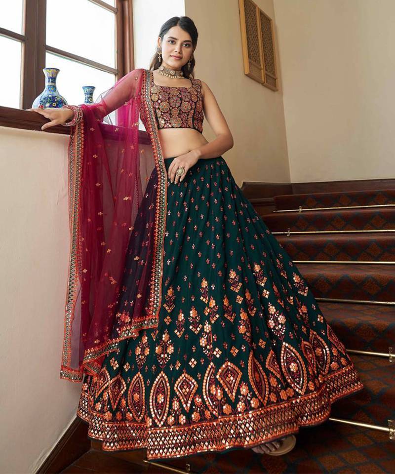 Green & Deep Pink Gotta Patti With Thread And Sequins Embroidered Georgette Stitched Lehenga Choli