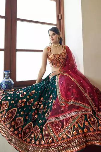 Green & Deep Pink Gotta Patti With Thread And Sequins Embroidered Georgette Stitched Lehenga Choli