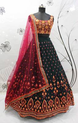 Green & Deep Pink Gotta Patti With Thread And Sequins Embroidered Georgette Stitched Lehenga Choli 5