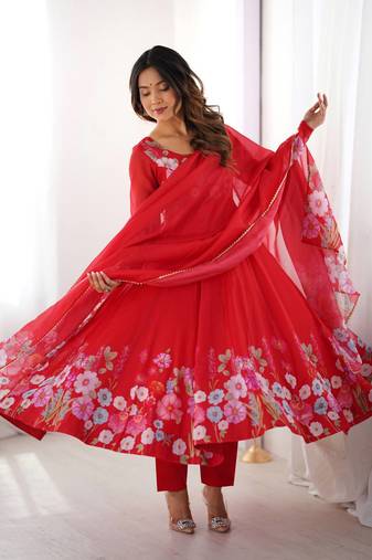 floral printed organza anarkali stitched kurta with cotton silk pant and dupatta for women's