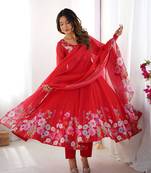 floral printed organza anarkali stitched kurta with cotton silk pant and dupatta for women's