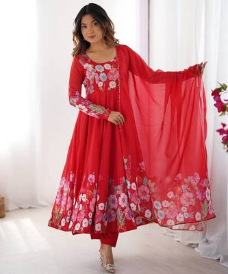 floral printed organza anarkali stitched kurta with cotton silk pant and dupatta for women's 2
