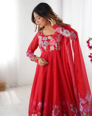 floral printed organza anarkali stitched kurta with cotton silk pant and dupatta for women's 3