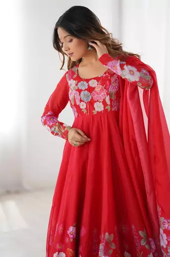 floral printed organza anarkali stitched kurta with cotton silk pant and dupatta for women's