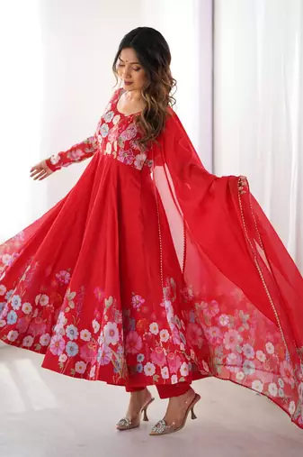 floral printed organza anarkali stitched kurta with cotton silk pant and dupatta for women's