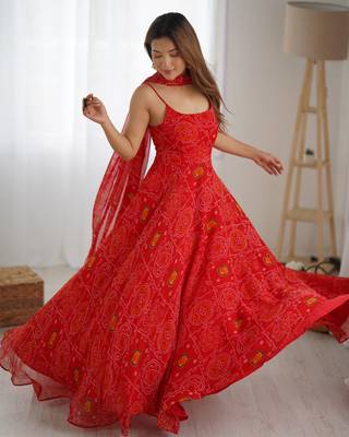 red bandhani printed chiffon anarkali gown with dupatta 1