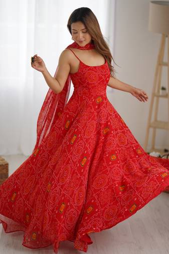 red bandhani printed chiffon anarkali gown with dupatta