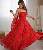 red bandhani printed chiffon anarkali gown with dupatta
