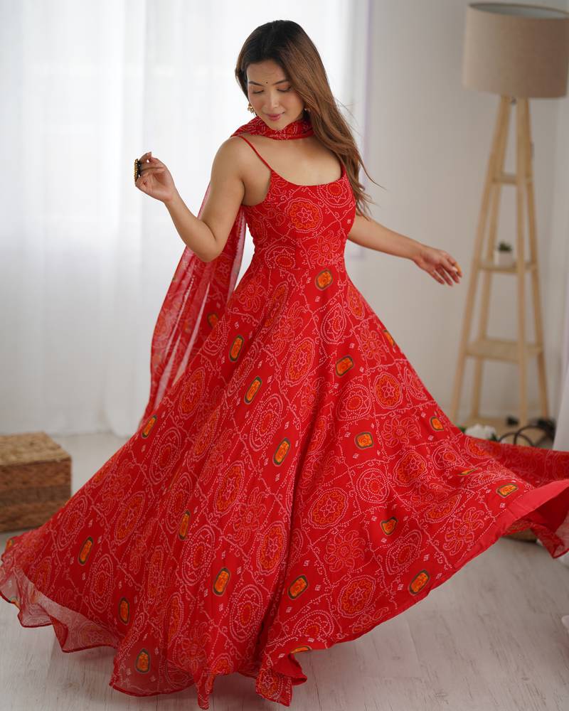red bandhani printed chiffon anarkali gown with dupatta