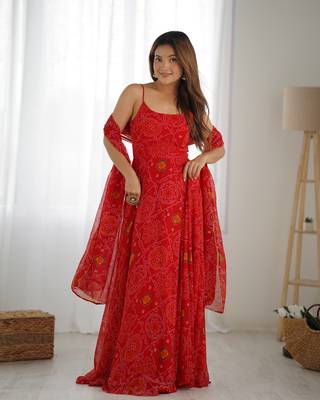 red bandhani printed chiffon anarkali gown with dupatta 3