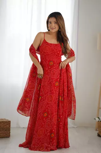 red bandhani printed chiffon anarkali gown with dupatta