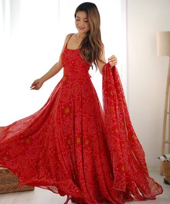 red bandhani printed chiffon anarkali gown with dupatta 4