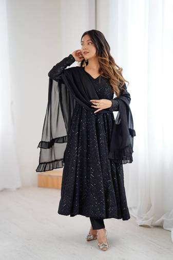 black sequined anarkali suit set with dupatta     elegant party & festive wear