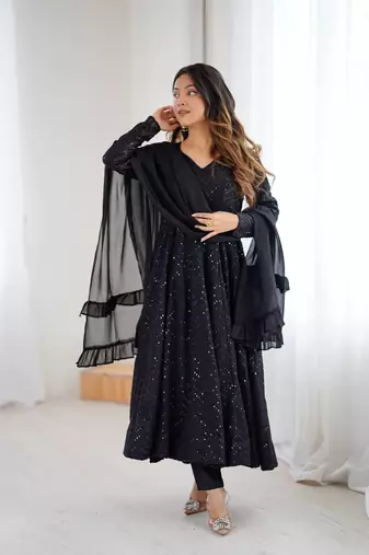 black sequined anarkali suit set with dupatta – elegant party & festive wear