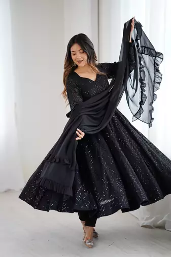 black sequined anarkali suit set with dupatta – elegant party & festive wear