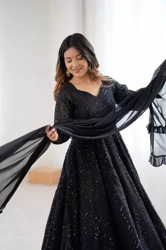 black sequined anarkali suit set with dupatta – elegant party & festive wear