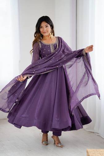 purple  silk blend flared anarkali kurta with pant & dupatta