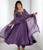 purple  silk blend flared anarkali kurta with pant & dupatta