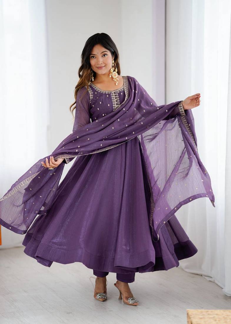 purple  silk blend flared anarkali kurta with pant & dupatta