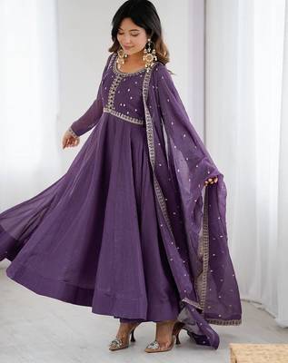 purple  silk blend flared anarkali kurta with pant & dupatta 4