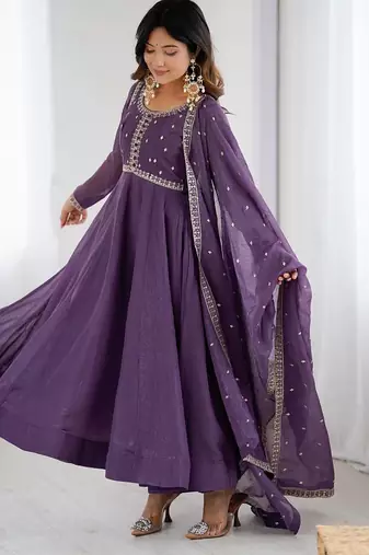 purple  silk blend flared anarkali kurta with pant & dupatta