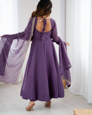 purple  silk blend flared anarkali kurta with pant & dupatta 5
