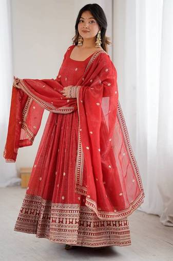 rust georgette embellished anarkali kurta with  dupatta
