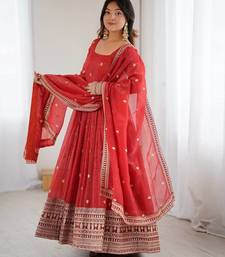 rust georgette embellished anarkali kurta with  dupatta
