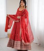 rust georgette embellished anarkali kurta with  dupatta