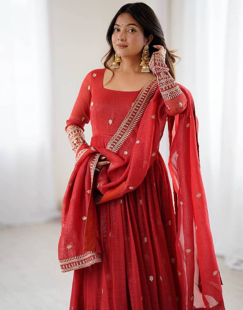 rust georgette embellished anarkali kurta with  dupatta
