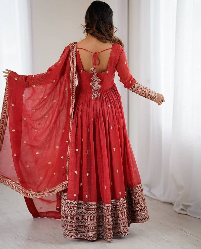 rust georgette embellished anarkali kurta with  dupatta
