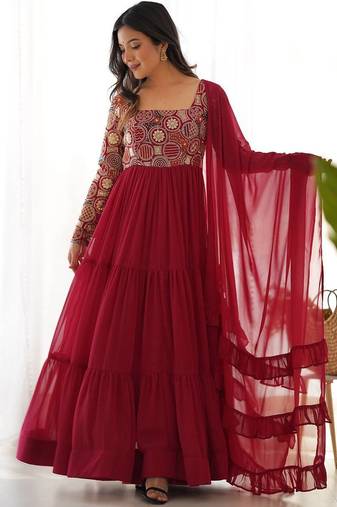 red heavy fox georgette embroidered anarkali stitches kurta with pant & ruffle dupatta