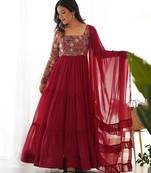 red heavy fox georgette embroidered anarkali stitches kurta with pant & ruffle dupatta
