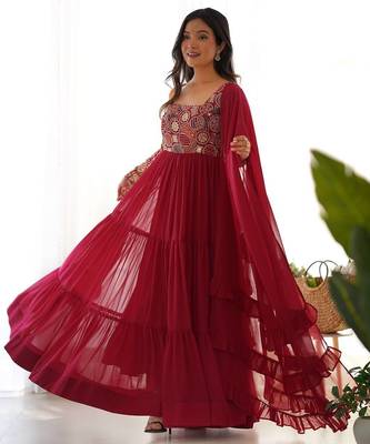 red heavy fox georgette embroidered anarkali stitches kurta with pant & ruffle dupatta 2