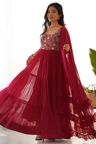 red heavy fox georgette embroidered anarkali stitches kurta with pant & ruffle dupatta